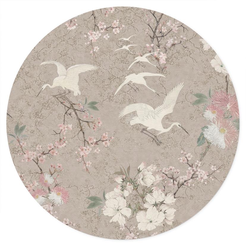 Adesivo murale Cranes in a Cherry Blossom Rush Beige - Bloomery Decor - Rotondo