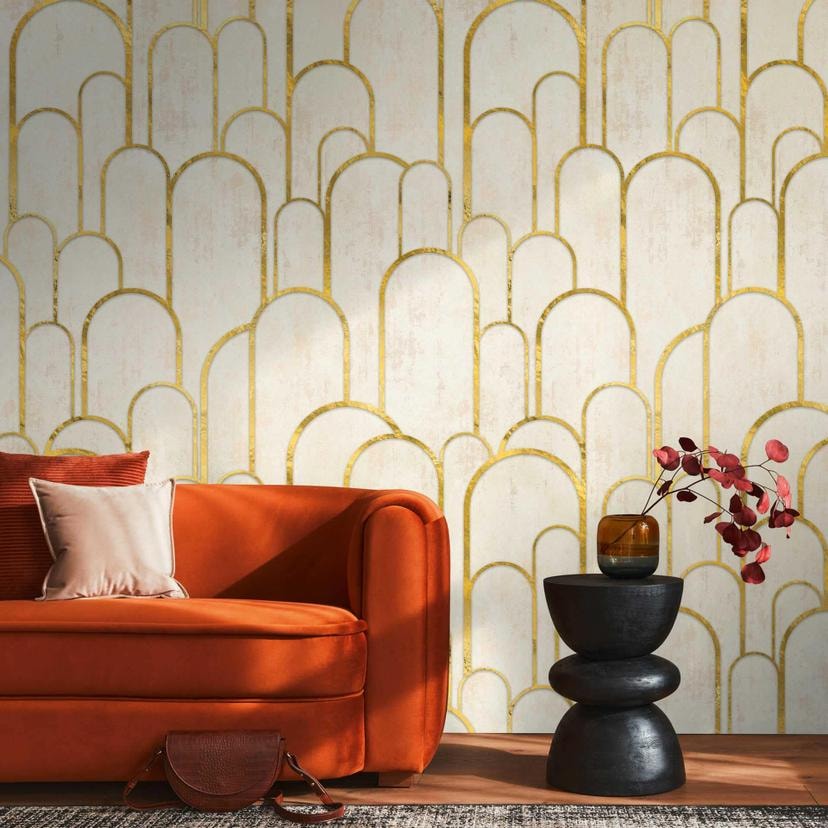 art deco tapet med guldelementer - non-woven tapet vintage design - stue tapet