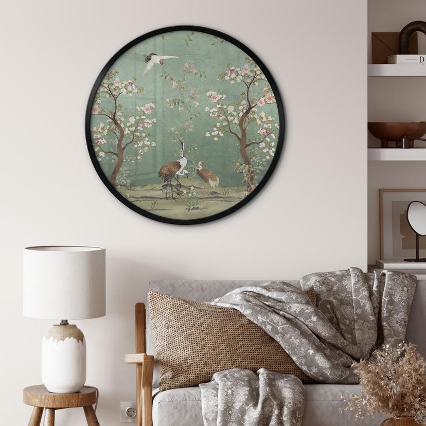 Poster Gru in un paesaggio floreale - Decorazione floreale - Rotondo