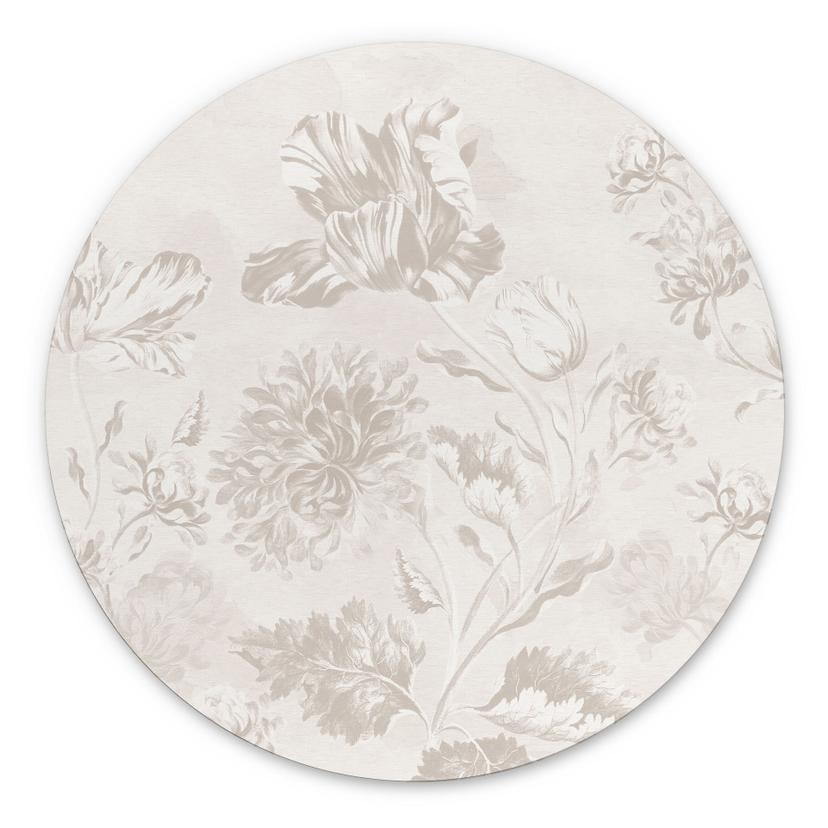 Billede af vilde blomster i kridtlook Greige - Bloomery Decor - rund – print på aluminium