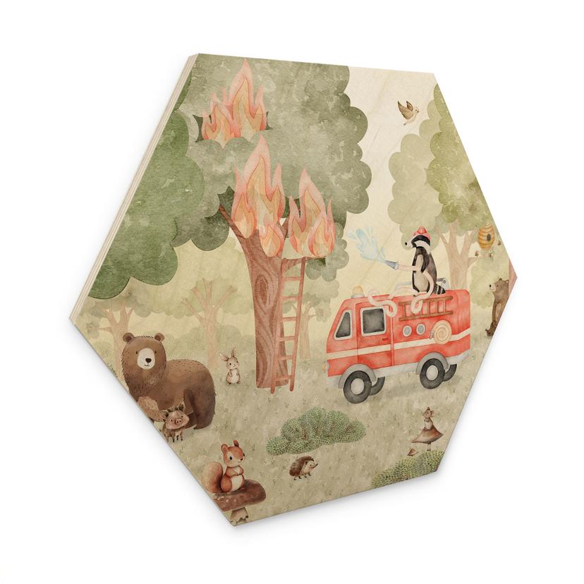 Hexagon Houten Wanddecoratie Dieren Brandweer in het Bos - Oliver Robins