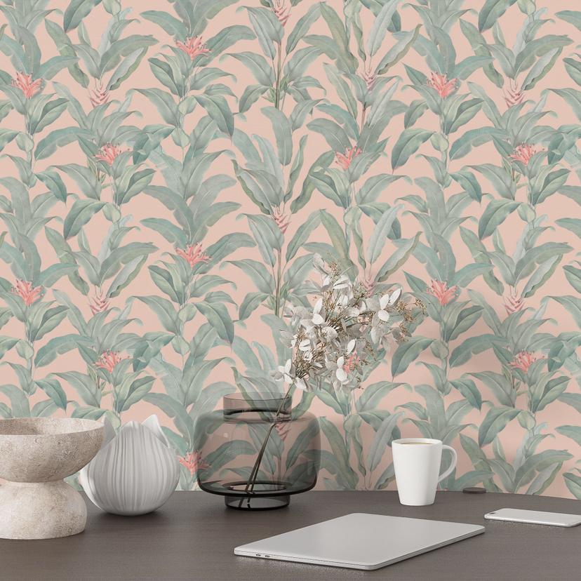 Carta da parati parati a motivi botanici Urban Jungle foglie tropicali rosa - Bloomery Decor