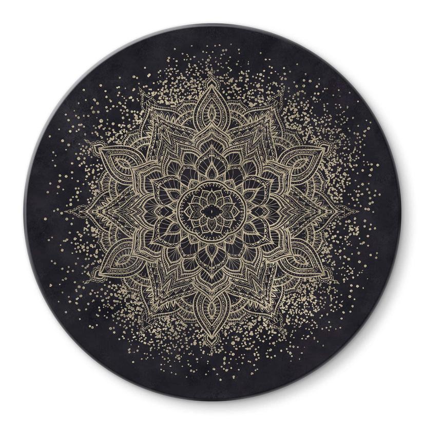 Glasbillede - Elegant mandala i sort og guld - Bloomery Decor - Round