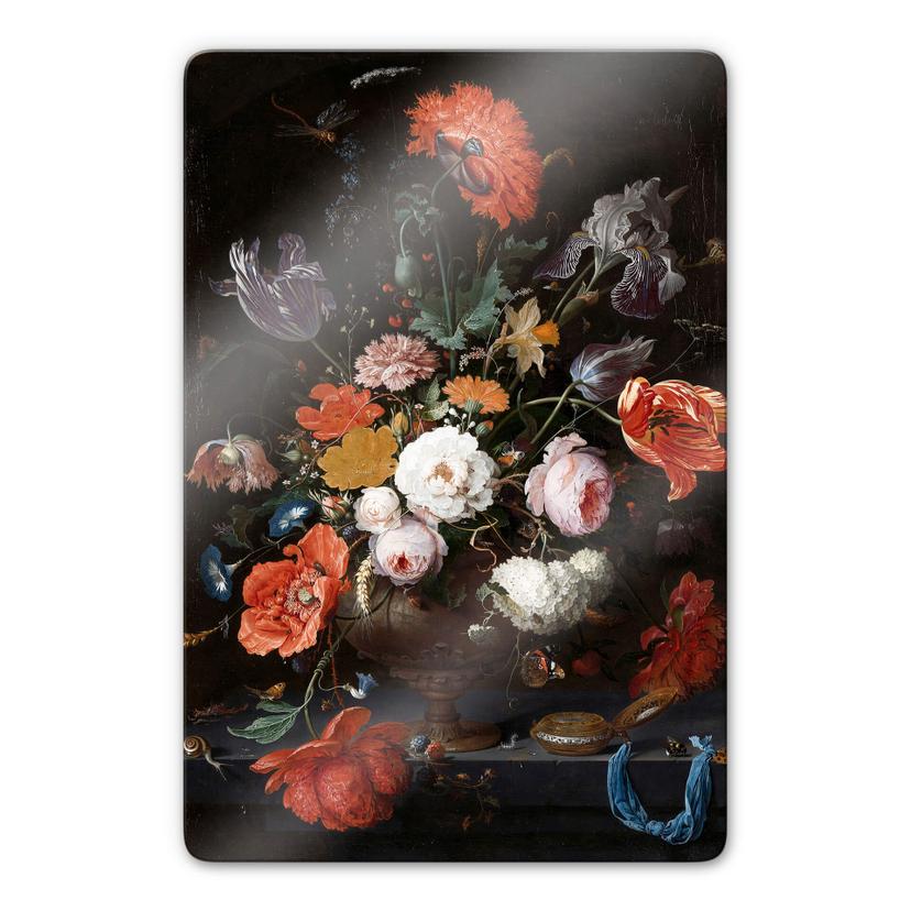 Tableau en verre Mignon - Nature morte avec fleurs et horloge