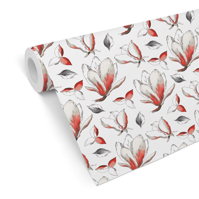 Papier peint à motifs - Fleurs illustrées - rouge