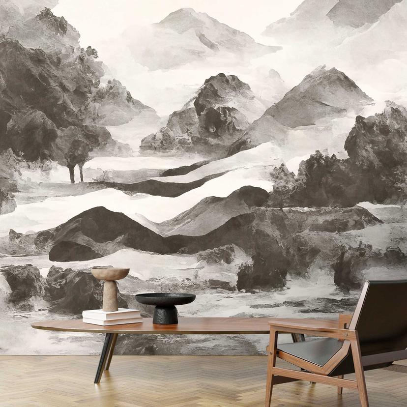 Monokromt bjerglandskabstapet - kunstnerisk akvarel-look