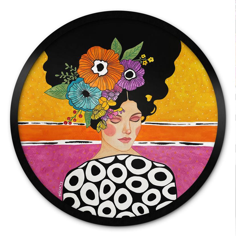 Póster mujer con corona de flores de colores - Hülya - Redondo