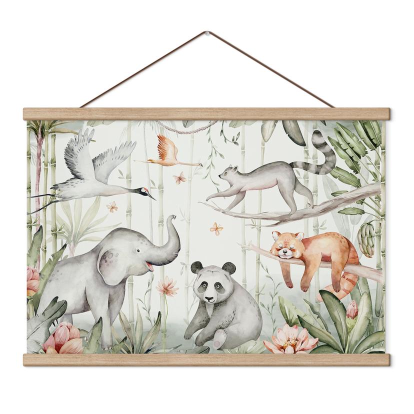 Kinderkamer Textielposter Aziatische dieren in het bamboebos - Kvilis