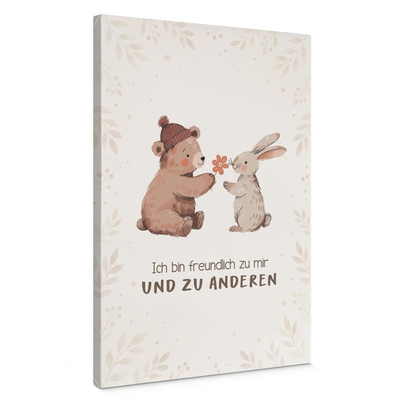 Leinwandbild mit Bär und Hase - Glaubenssatz 'Ich bin freundlich' für Kinder