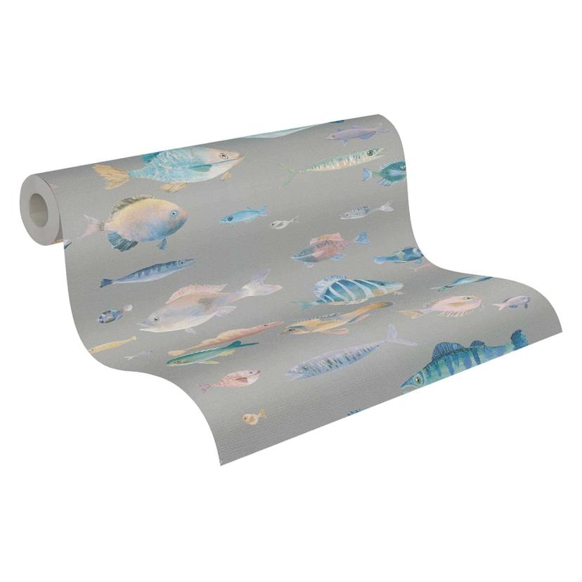 Carta da parati marittima pesce grigio blu - Carta da parati in tessuto non tessuto con motivo subac