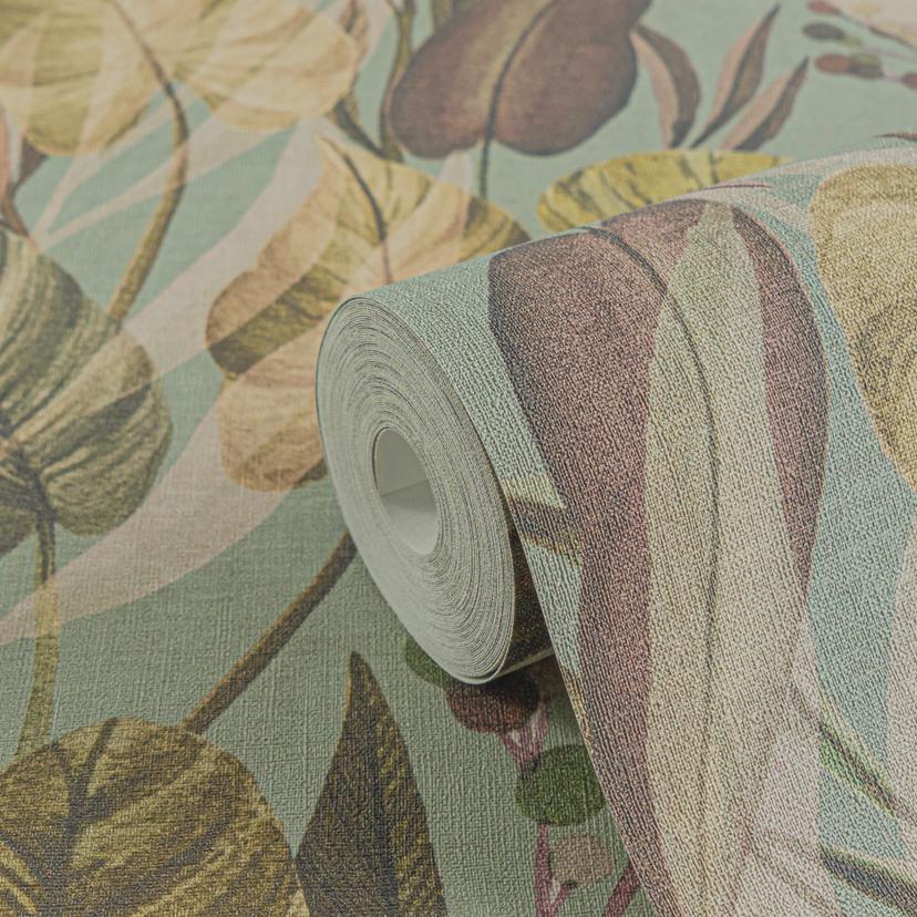 Papel pintado botánico verde beige - Papel pintado de muestra con plantas - Papel no tejido