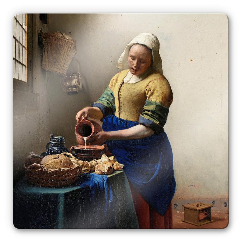 Glasschilderij Vermeer - Het Melkmeisje (vierkant)