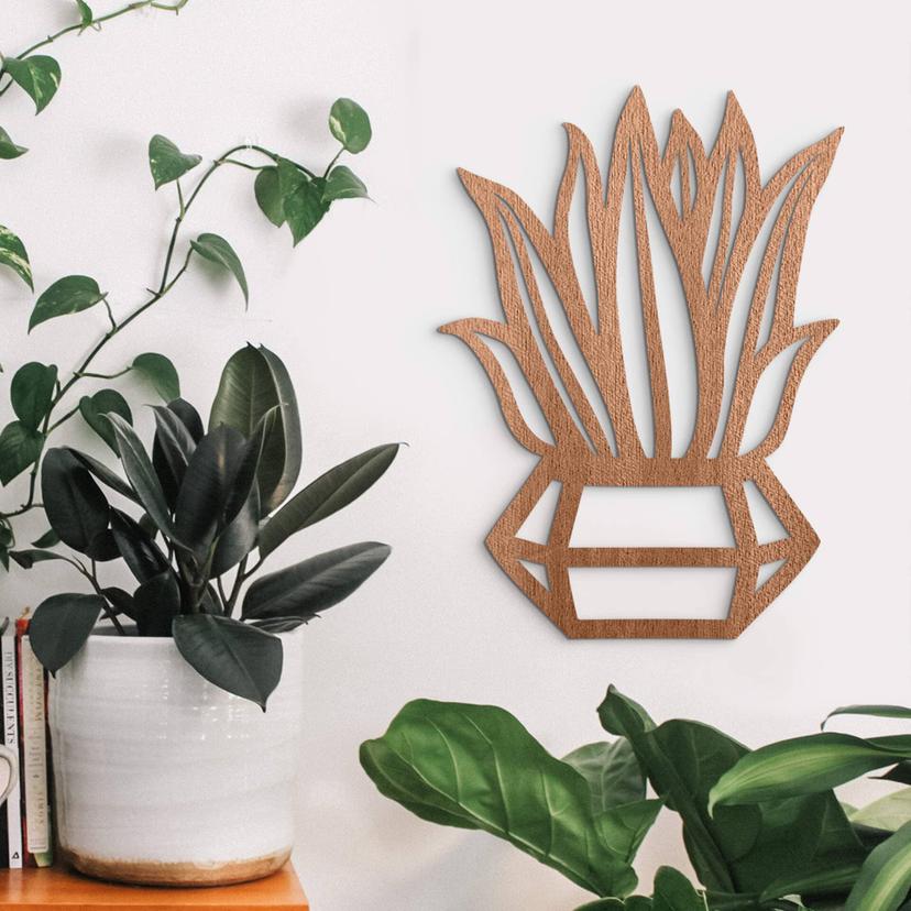 Decoración mural de madera planta en maceta diamante - madera de caoba