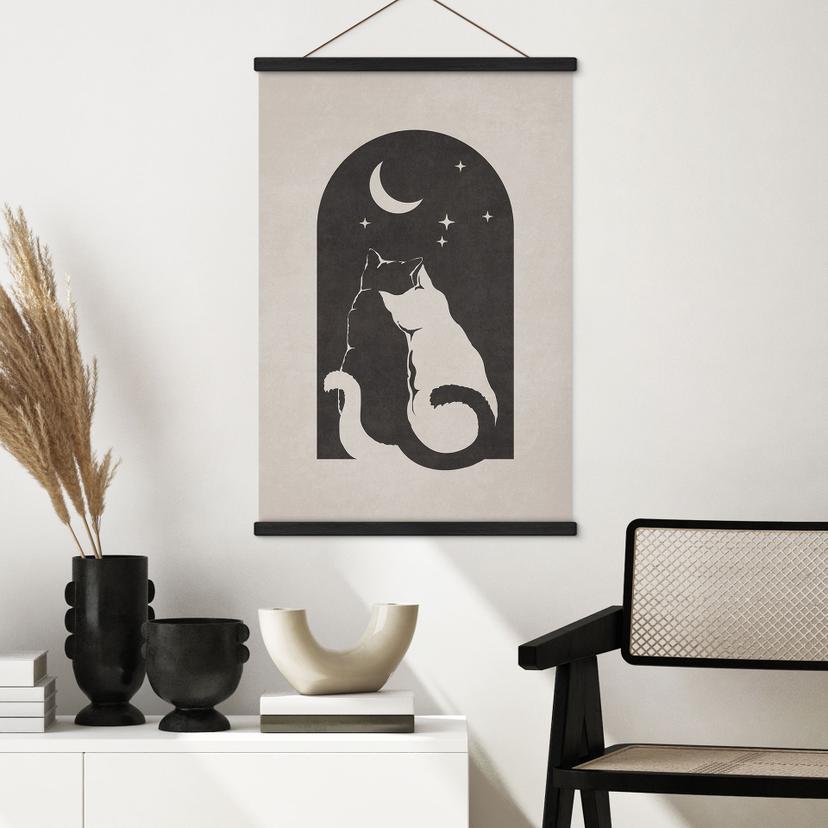 Textielposter Twee katten in het maanlicht - Tunaboylu
