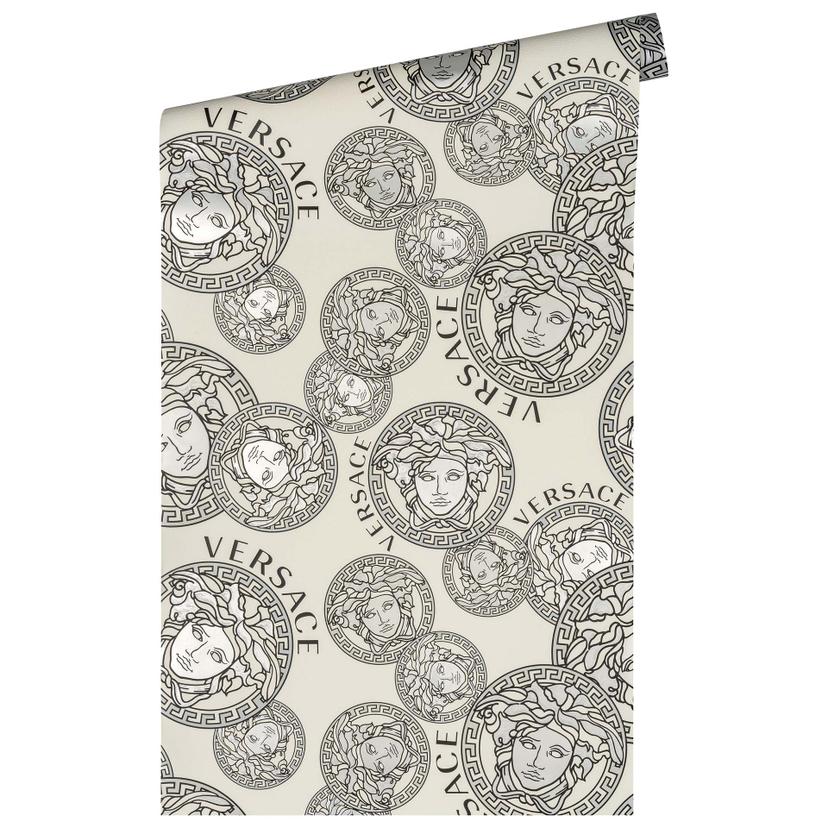Versace tapet medusa hoved luksus tapet i creme og sølv non-woven tapet design