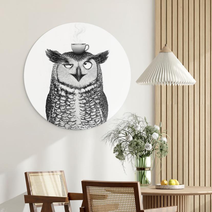 Wanddecoratie Grappige Uil met Koffie - Korenkova - Alu-Dibond Rond