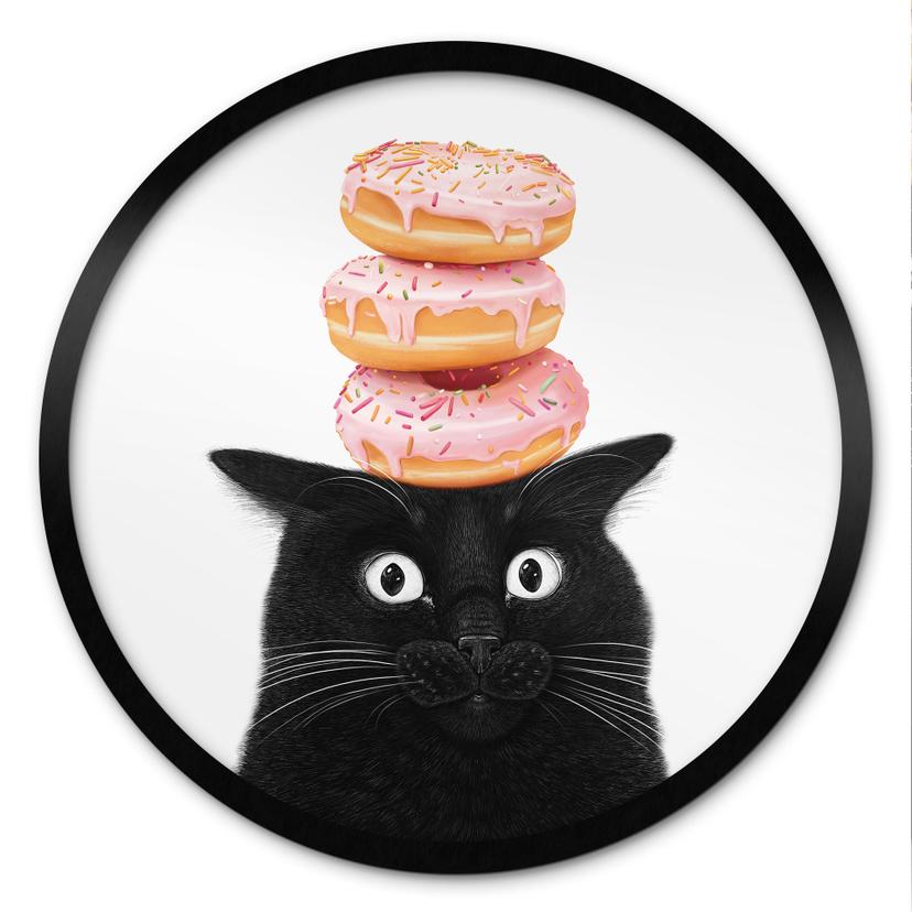 Poster Schwarze Katze mit pinken Donuts - Korenkova - Rund