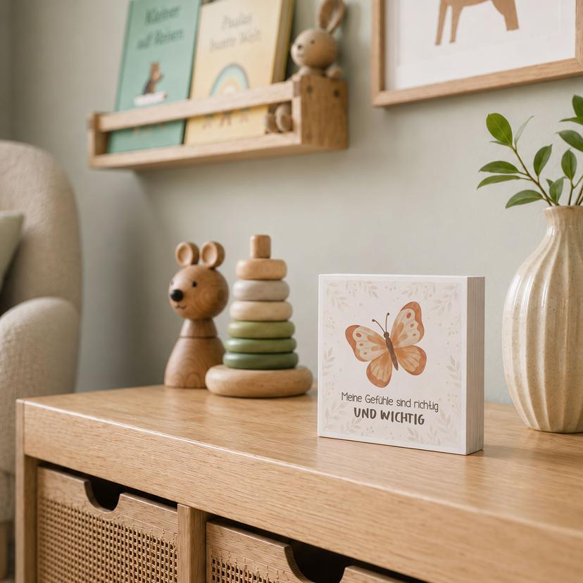 Holzbild zum Hinstellen - Schmetterling mit Mutmachspruch 'Meine Gefühle sind richtig und wichtig'