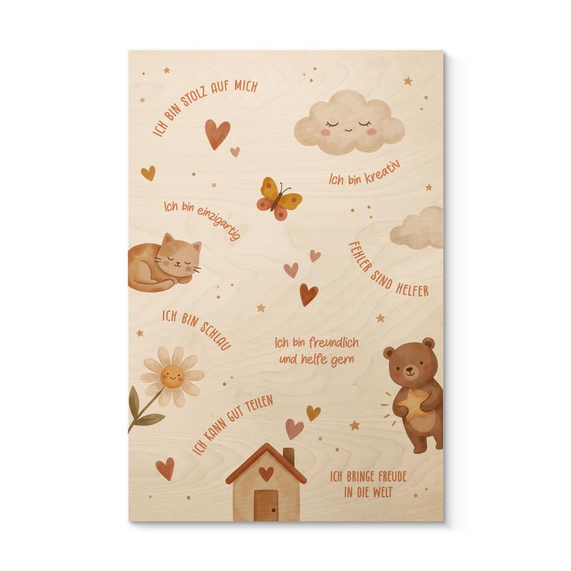 Holzbild mit Affirmationen Happy - kindgerechte Glaubenssätze