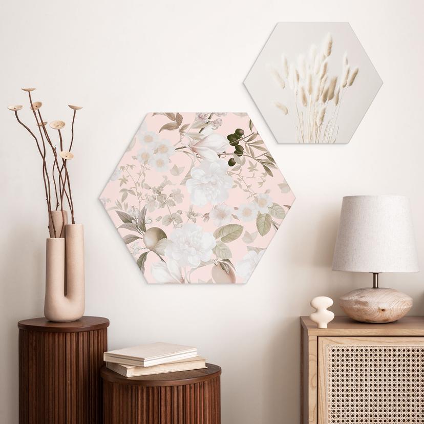 Esagono Alu-Dibond Illustrazione boho con fiori e frutta - UN Designs