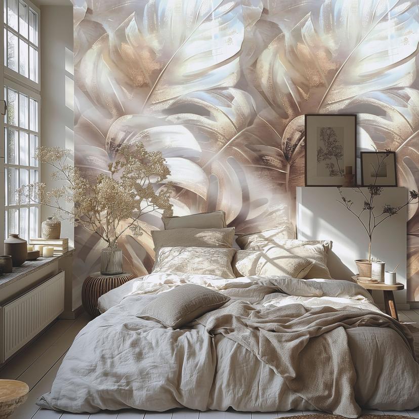 Fototapet Monstera Leaves Beige Gold - Tropisk design blankt - kan udvides