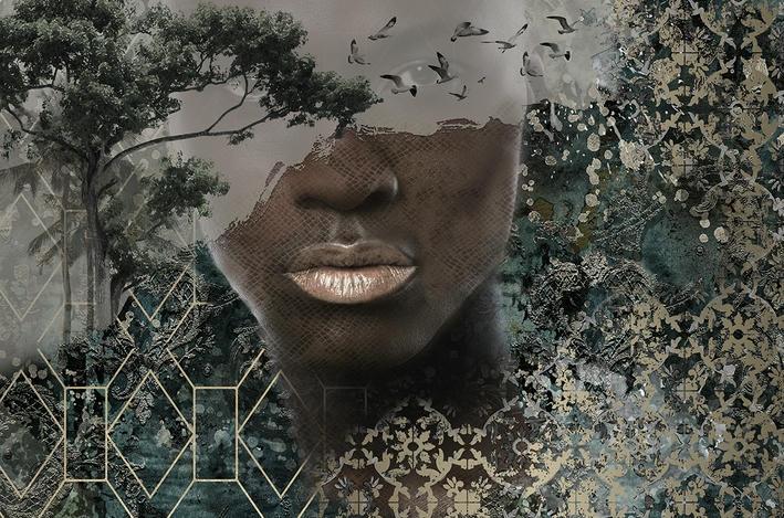 Fotomurale Cara surrealista en la lluvia con bosque y silueta de pájaro 2.70 x 4.08m