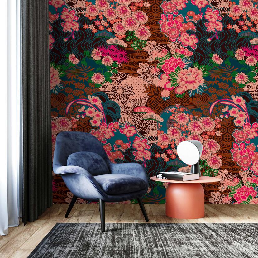 Tapet med blomstermønster - lyserøde blomster på blomstertapet - non-woven