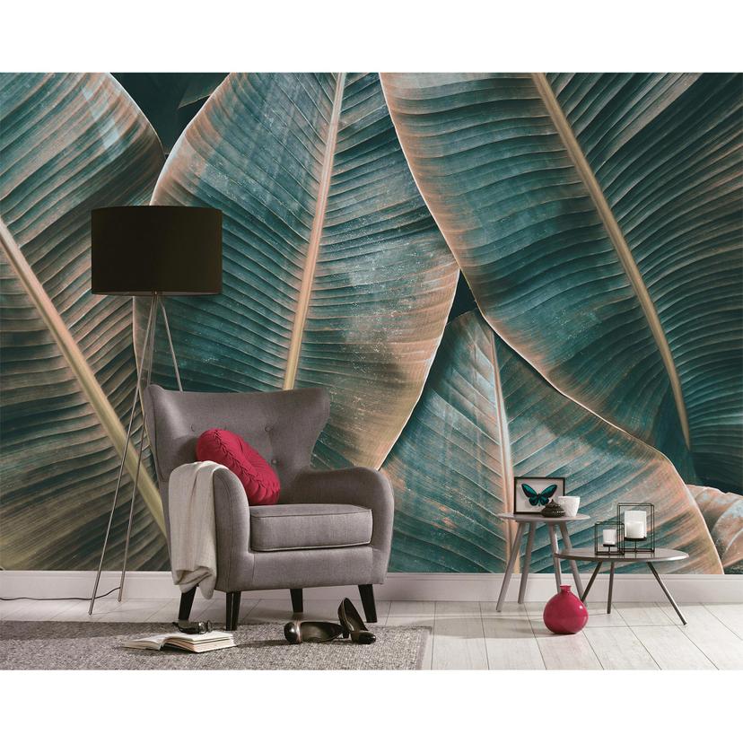 Grønt og brunt fototapet Designwalls non-woven tapet BananaLeaves palmetræer jungle
