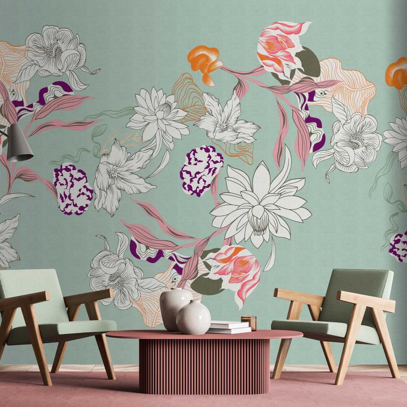 Blomstret fototapet på mintgrøn - elegant non-woven tapet med blomstermønster