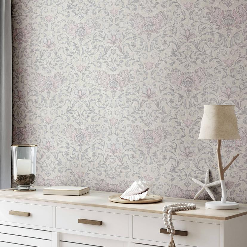 Ikke-vævet tapet med blomster, blade ornamentale blanke grå blomstermotiver