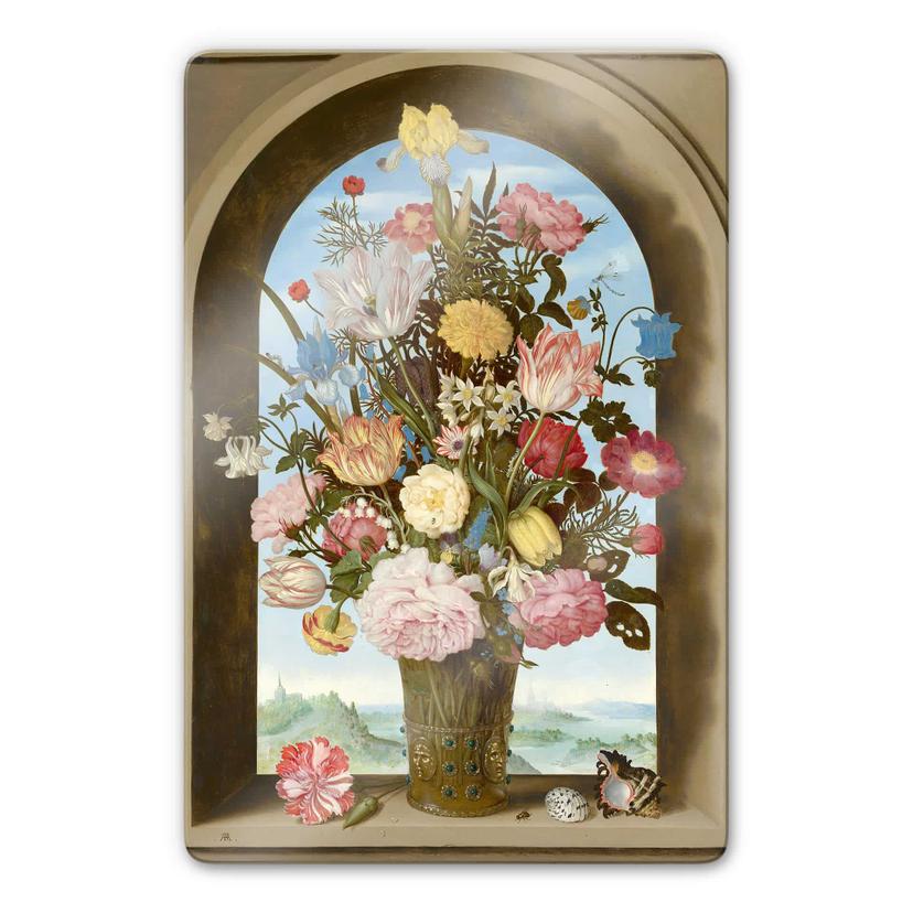 Glasschilderij Vaas met bloemen voor een raam