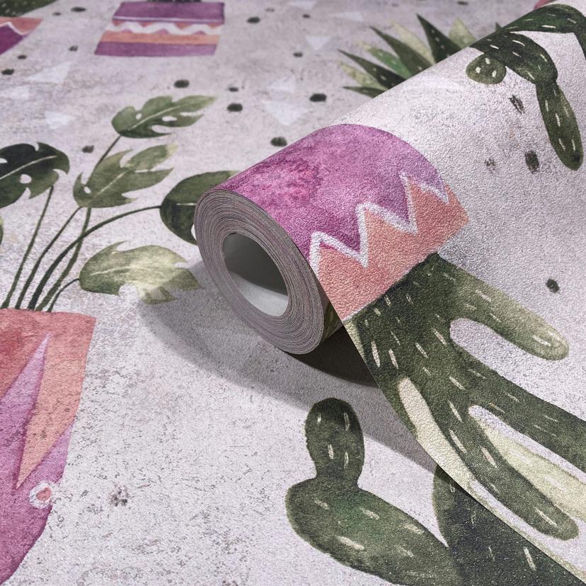 Non-woven tapet i grått grönt lila blommor växter blommig natur modern