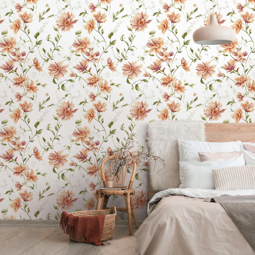 Ikke-vævet tapet blomster, blade blomstret natur mat i hvid orange