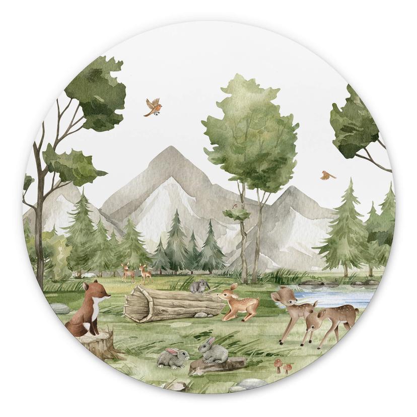 Vægcirkel Oliver Robins - Cute Forest Animals – print på aluminium (Alu-Dibond)