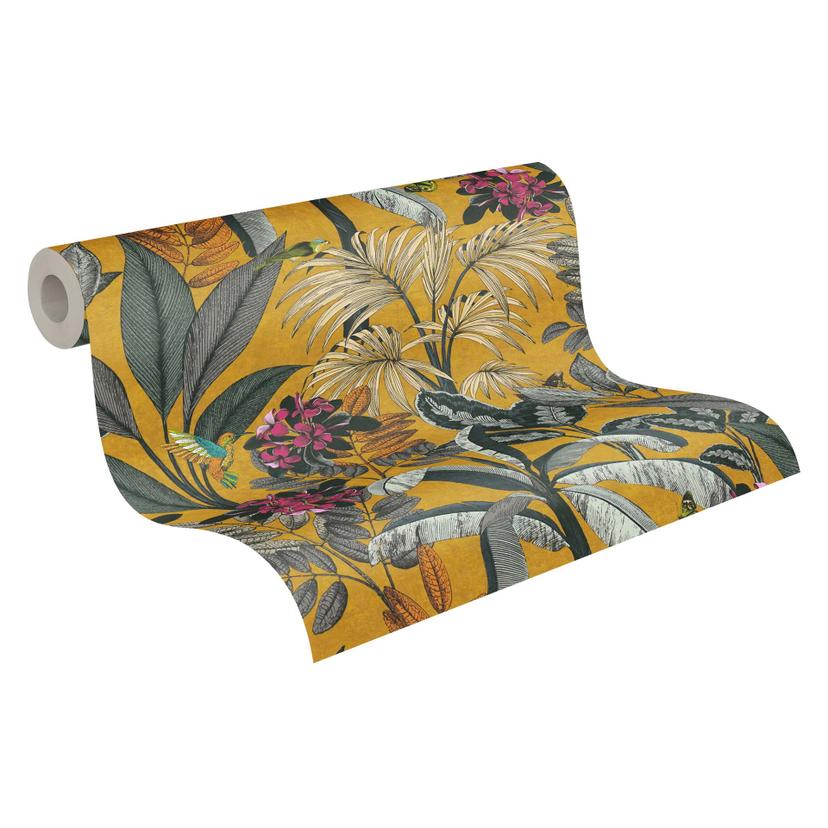 A.S. Creation carta da parati foresta in tessuto non tessuto giallo e grigio con animali in look opa