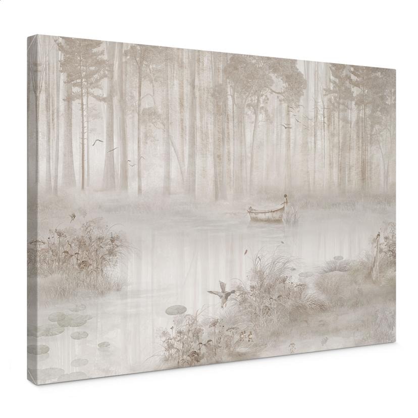 Canvas schilderij bos bij het meer in beige mist - Ms Tiff