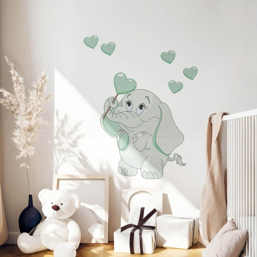 Sticker mural - Bébé éléphant avec cœurs (vert)