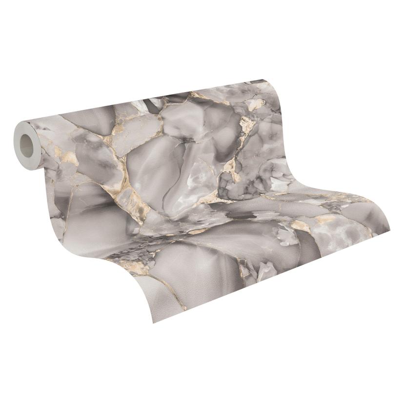Papel pintado mármol gris beige oro - Papel pintado no tejido con toques metálicos moderno