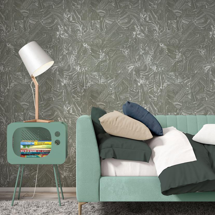 PVC-frit grafisk non-woven tapet med marmorlook og metallic-effekt i grå