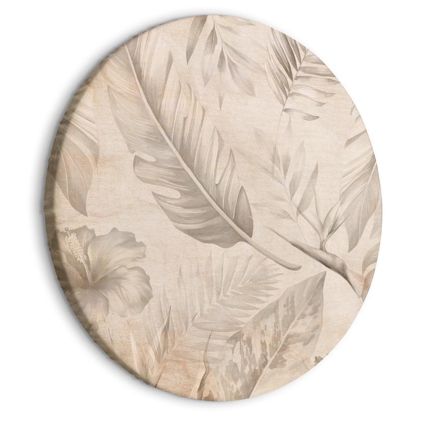Rundes Leinwandbild Eine Vielzahl exotischer Blätter und Blumen - Tropen in Sepia