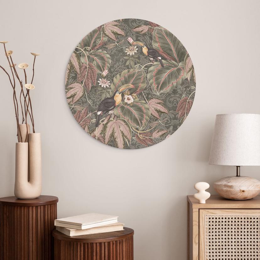 Stampe per pareti con tucano in una foresta tropicale - Decorazione floreale - Alu-Dibond rotondo