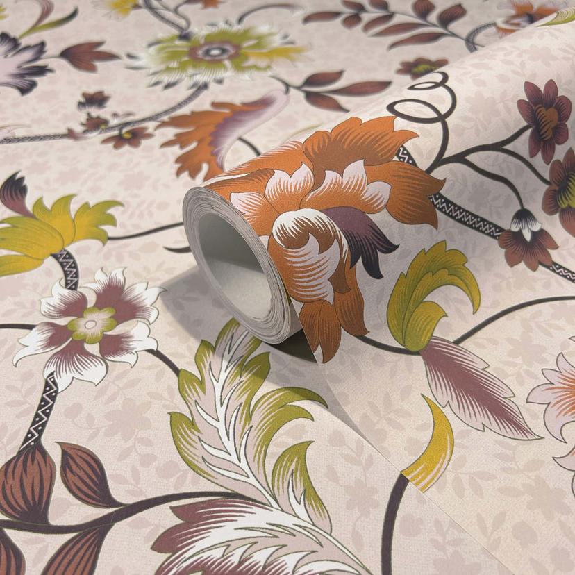 Papel pintado no tejido flores, hojas naturaleza floral en rosa-marrón