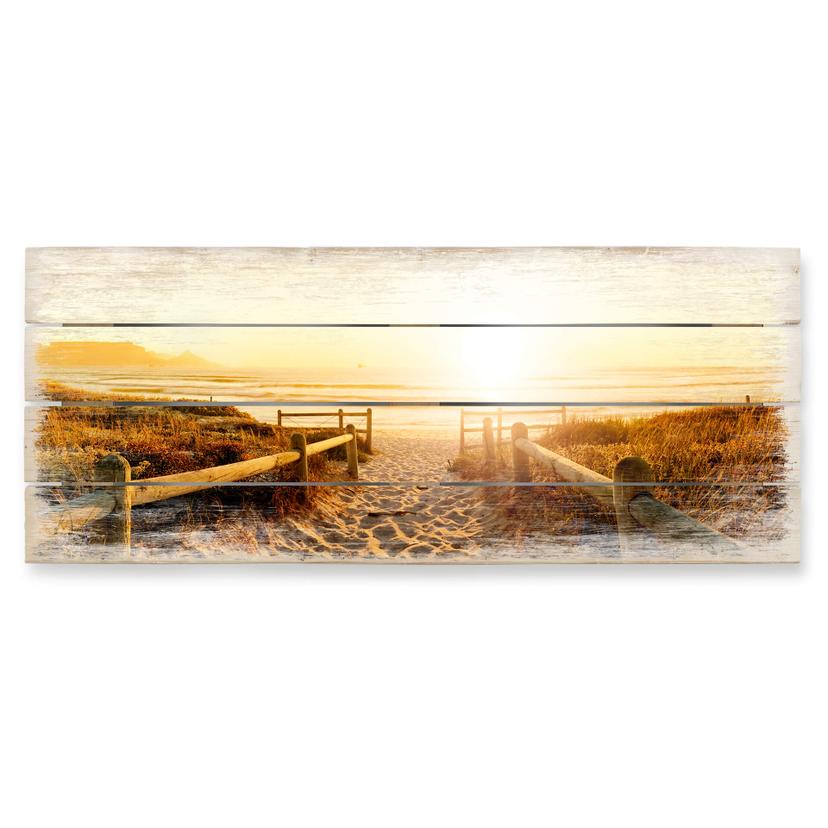 Solnedgang ved stranden panorama - Print på træ