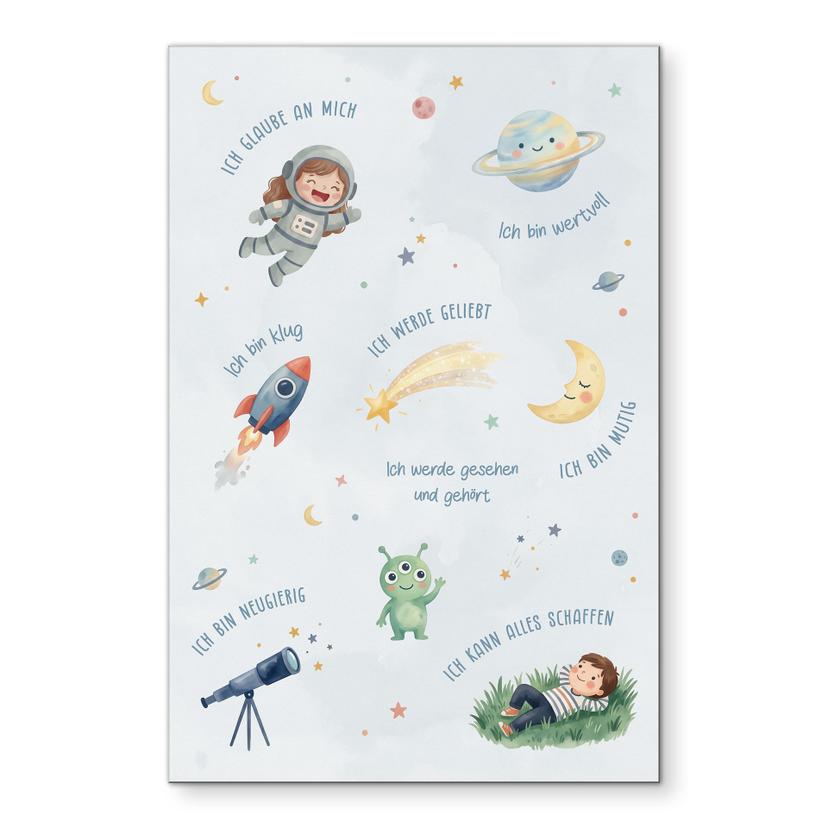 Alu-Dibond Wandbild - Affirmationen Weltraum mit Astronautin und Rakete
