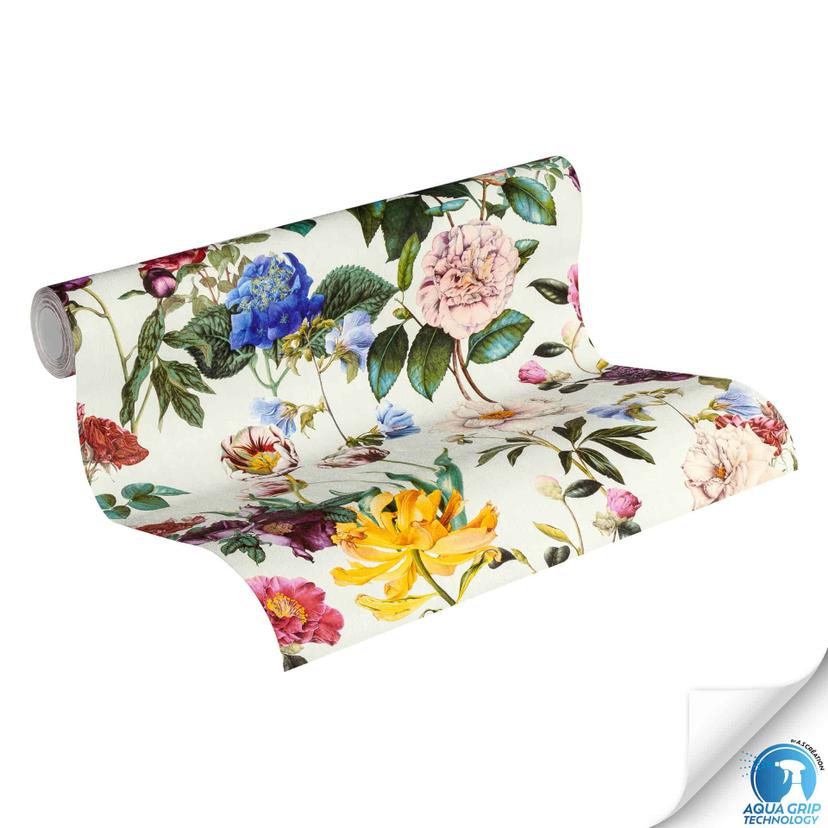 Papel pintado con flores de colores sobre crema - papel pintado no tejido floral - empapelado sin co