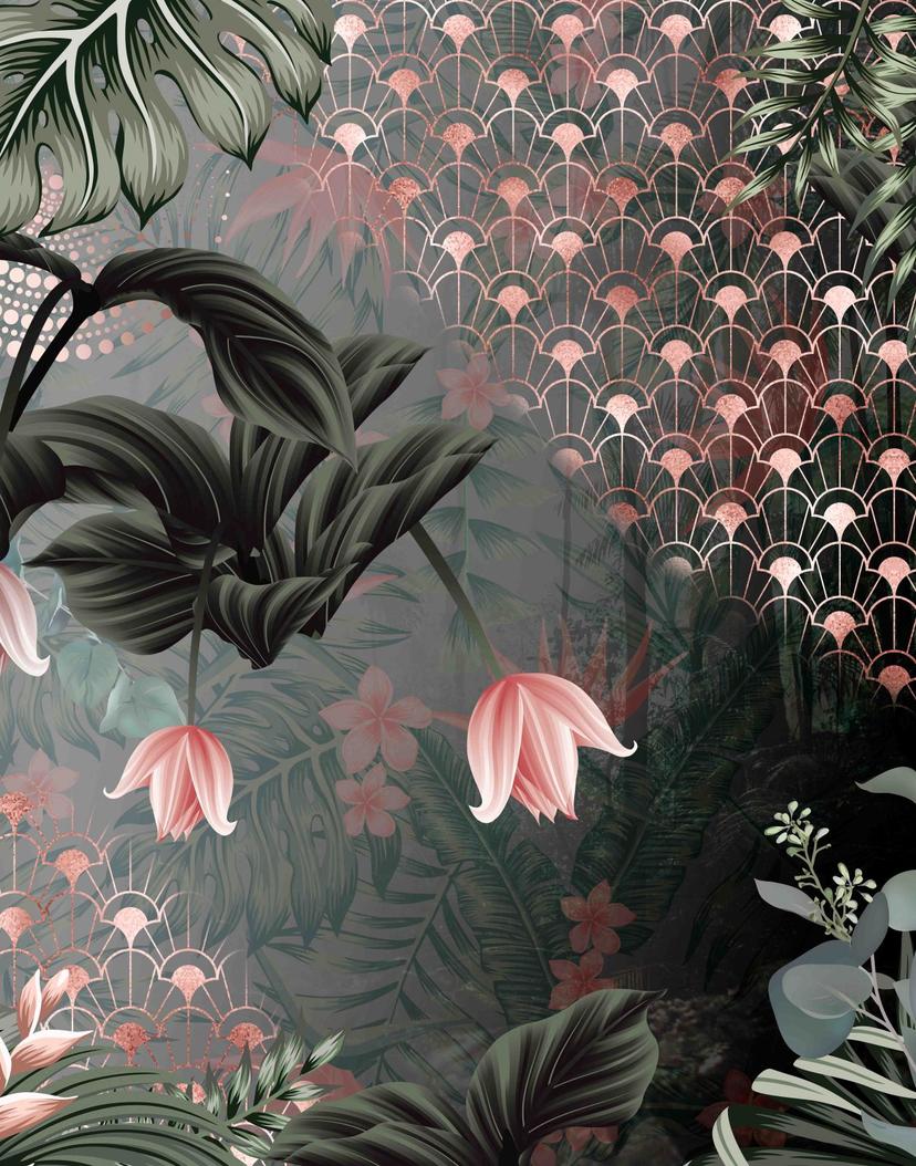Papier peint photo motif Grue avec Échantillon Art déco et fleurs 2,7 x 2,12 m