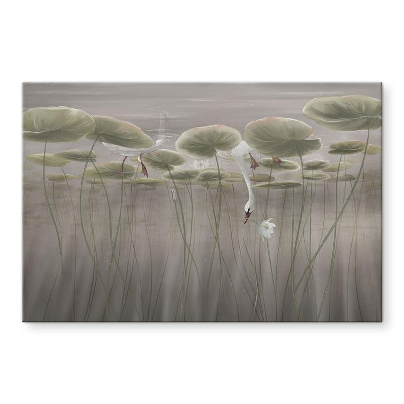 Glasschilderijen Lotusbloemen met zwaan in water in grijs - Ms Tiff