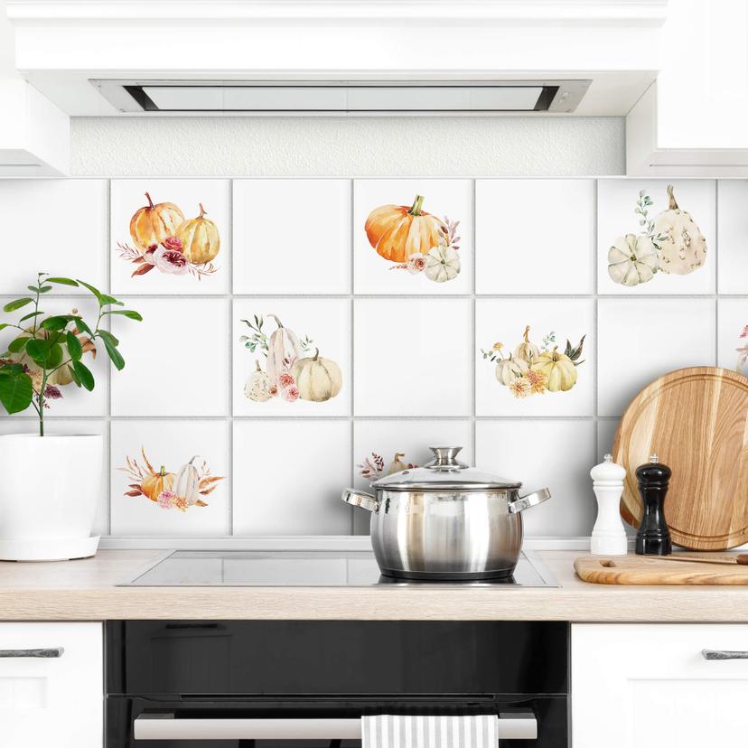 Sticker pour carrelage Aquarelle - Potiron et fleurs - Set de 12