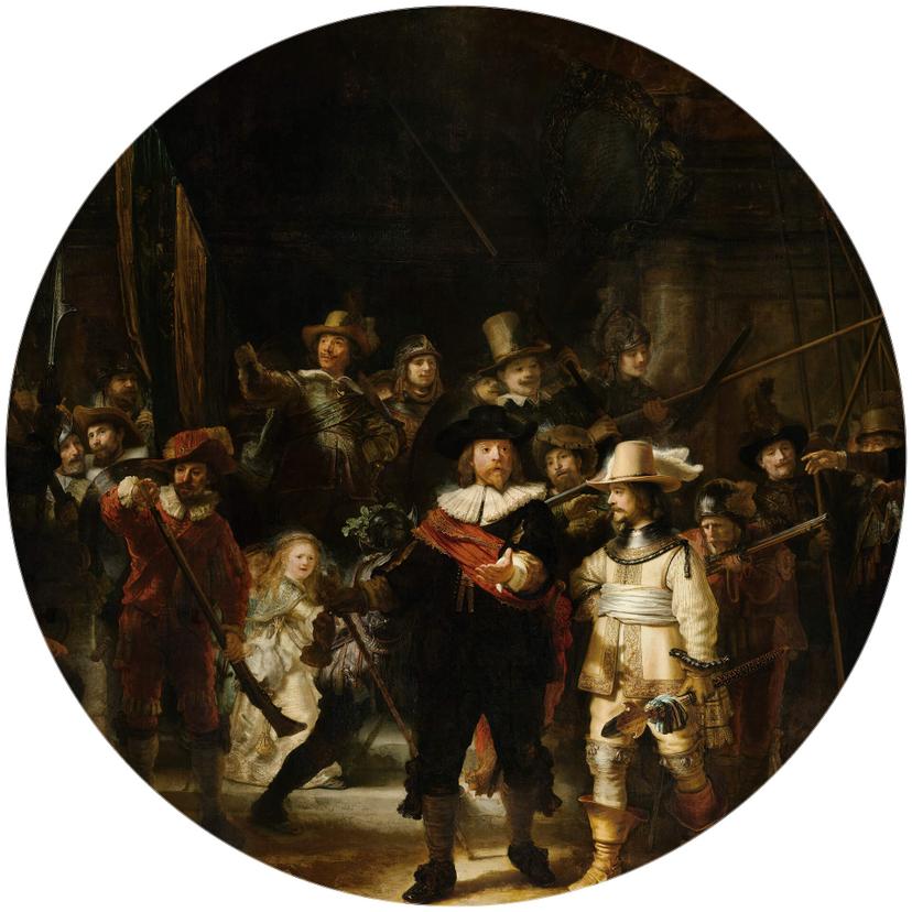 Fotomurale Rembrandt Ronda di notte - tondo - carta da parati in tessuto non tessuto/carta da parati