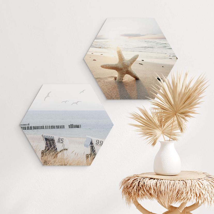 Hexagon Dibond Sprankelende zeesterren op een eenzaam strand